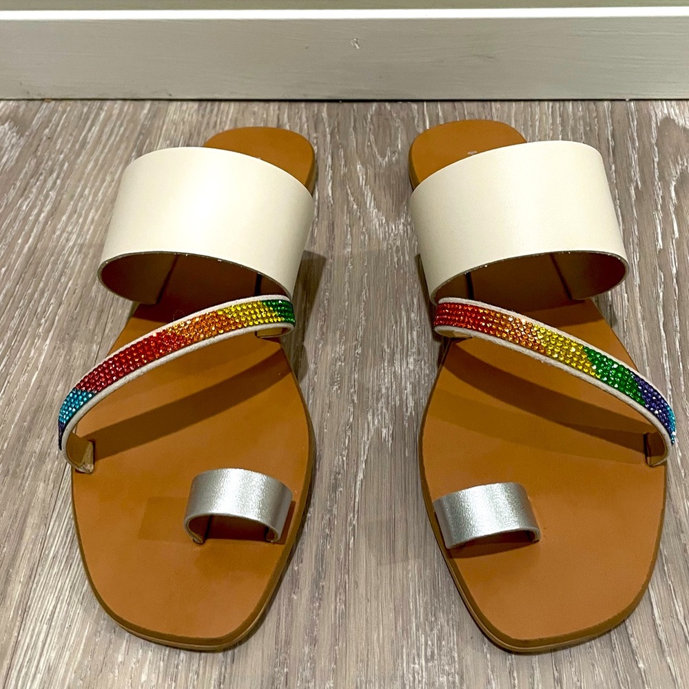 🌈 NIB Kurt Geiger Dawn Rainbow bone leather crystal strap sandal sz 8.5 🌈